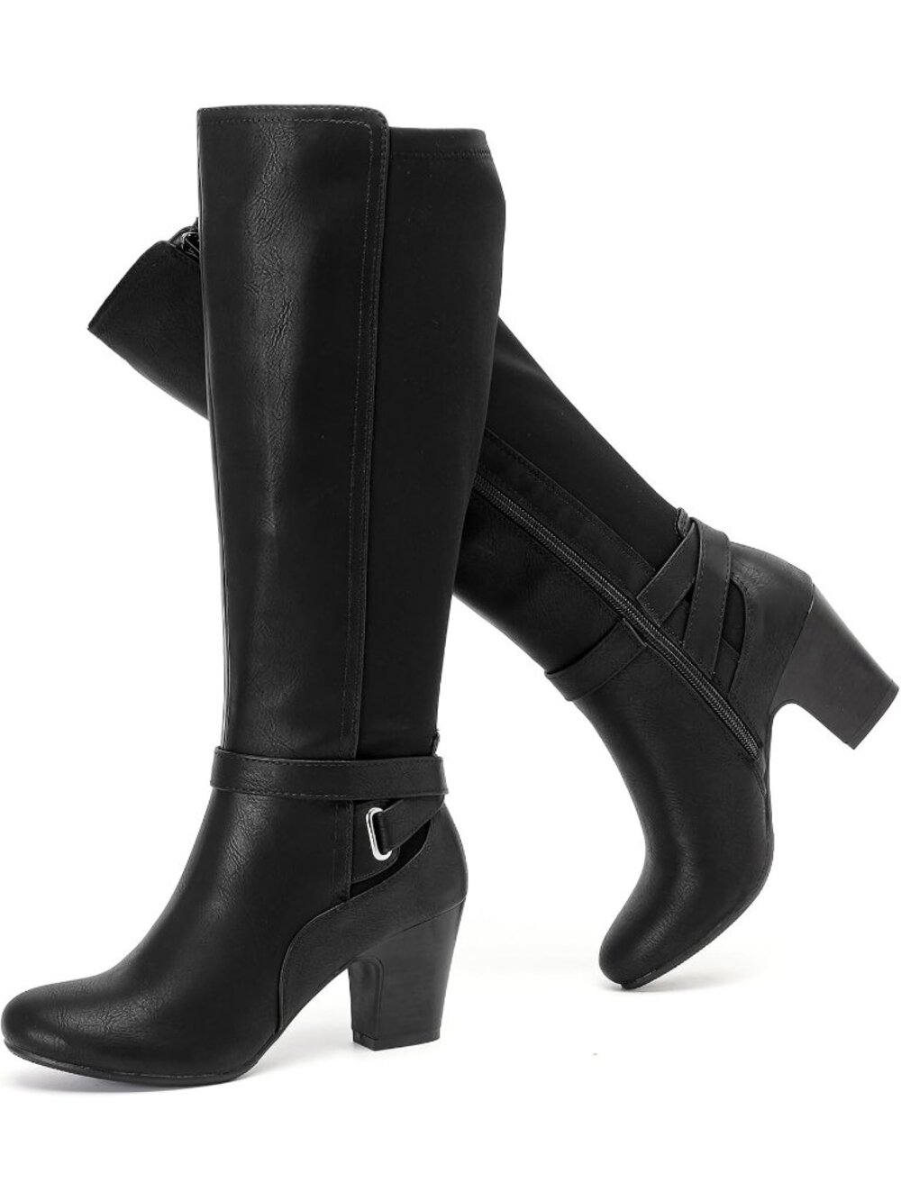 Women's Black Pu 3 Chunky Heel Casual Versatile Side Zipper Slouchy Heeled Boot